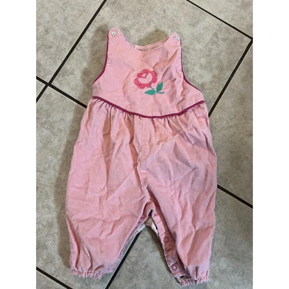 Vintage Carters Pink Embroidered Rose Floral Denim Overalls Romper Baby Girl 6mo